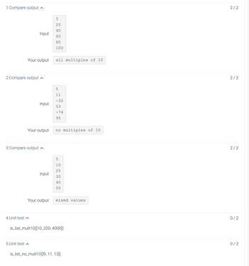 1:Compare output
2:Compare output
Your output
3:Compare output
Input
5:Unit test
Your output
4:Unit test ^
Input
Input
Your output
5
20
40
60
80
100
all multiples of 10
5
11
-32
53
-74
95
no multiples of 10
5
10
25
30
40
55
mixed values
is_list_mult10([10, 200, 4000])
is_list_no_mult10([9, 11, 13])
2/2
2/2
2/2
0/2
0/2