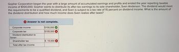 Gopher Corporation began the year with a large amount of accumulated earnings and profits and ended the year reporting taxable
income of $100,000. Gopher wants to distribute its after-tax earnings to its sole shareholder, Sven Anderson. The dividend would meet
the requirements to be a qualified dividend, and Sven is subject to a tax rate of 15 percent on dividend income. What is the amount of
the dividend distribution and how much income does Sven realize after taxes?
Answer is not complete.
Corporate income
Corporate tax
Dividend distribution to
Seven
Shareholder tax
Total after tax income
$100,000
$105,000 x
$ 15,000