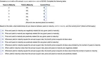 Consider a bond with a 4% annual coupon and a face value of $1000. Complete the following table.
Years to Maturity
Yield to Maturity
Current Price
2
3%
$
2
4%
$
3
4%
$
5
3%
$
5
7%
(Round to two decimal places as needed.)
Based on the table, what relationships do you observe between years to maturity, yield to maturity, and the current price? (Select all that apply.)
A. Price and years to maturity are negatively related (for any given yield to maturity).
B. Price and yield to maturity are negatively related (for any given years to maturity).
C. Price and yield to maturity are positively related (for any given years to maturity).
D. Whenever yield to maturity equals the annual coupon rate, the bond's price is equal to its face value.
E.
Price and years to maturity are positively related (for any given yield to maturity).
F. Whenever yield to maturity equals the annual coupon rate, the bond's price is equal to its face value divided by the number of years to maturity.
G. When yield to maturity is less than the annual coupon rate, price and years to maturity are negatively related.
H. Whenever yield to maturity equals the annual coupon rate, the bond's price is equal to its face value times the number of years to maturity.
01. When yield to maturity is less than the annual coupon rate, price and years to maturity are positively related.