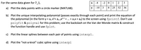 For the same data given for 7_1,
-4
-2 01 2
a) Plot the data points with a circle marker (MATLAB).
y -10 3
8 25 52 36
b) Plot the unique interpolating polynomial (passes exactly through each point) and print the equation of
the polynomial (in the form y = a, x^+ an-1X^-1 + .. + a;x + ao) to the screen using fprintf. Don't use
polyfit & polyval for this problem; use the backslash on the Van der Monde matrix & construct
the function handle and use fplot.
c) Plot the linear splines between each pair of points using interpl.
d) Plot the "not-a-knot" cubic spline using interpl
3.
