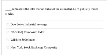 represents the total market value of the estimated 3,776 publicly traded
stocks.
Dow Jones Industrial Average
€ 388
NASDAQ Composite Index
Wilshire 5000 Index
New York Stock Exchange Composite