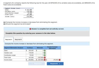 A segment of a company reports the following loss for the year. All $178,500 of its variable costs are avoidable, and $99,000 of its
fixed costs are avoidable.
Segment Income (Loss)
Sales
Variable costs
Contribution margin
Fixed costs
Income (loss)
$ 255,000
178,500
76,500
107,000
(30,500)
(a) Compute the income increase or decrease from eliminating this segment.
(b) Should the segment be eliminated?
Answer is complete but not entirely correct.
Complete this question by entering your answers in the tabs below.
Required A Required B
Compute the income increase or decrease from eliminating this segment.
Segment Elimination Analysis
Income Increase
(Decrease)
Sales
Variable costs
Contribution margin
Fixed costs
Income (loss)
Continue
Eliminate
$ 255,000
$
0
178,500
0
76,500
0
107,000
(107,000)
$ (30,500)
S (107,000) S
(76,500)
< Required A
Required B >