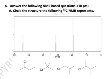 4. Answer the following NMR based questions. (10 pts)
A. Circle the structure the following 13C-NMR represents.
60
PYRI
CI
ax
CI
30
PPM
20
10
CI
CI