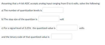 Assuming that a 4-bit ADC accepts analog input ranging from 0 to 6 volts, solve the following:
a) The number of quantization levels is
b) The step size of the quantizer is
c) For a signal level of 3.25V, the quantized value is
and the binary code of that quantized value is
volt
volts