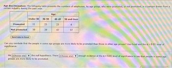 Age discrimination: The following table presents the numbers of employees, by age group, who were promoted, or not promoted, in a sample drawn from a
certain industry during the past year.
Promoted
Not promoted
Under 30
Send data to Excel
11
39
30-39
23
29
Age
40-49
23
47
50 and Over
6
37
Can you conclude that the people in some age groups are more likely to be promoted than those in other age groups? Use Excel and the a 0.05 level of
significance.
We (Choose one) the null hypothesis. There (Choose one) enough evidence at the a= 0.05 level of significance to say that people in some age
groups are more likely to be promoted.