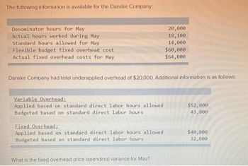 The following information is available for the Danske Company:
Denominator hours for May
Actual hours worked during May
Standard hours allowed for May
Flexible budget fixed overhead cost
Actual fixed overhead costs for May
Danske Company had total underapplied overhead of $20,000. Additional information is as follows:
Variable Overhead:
Applied based on standard direct labor hours allowed
Budgeted based on standard direct labor hours
Fixed Overhead:
Applied based on standard direct labor hours allowed
Budgeted based on standard direct labor hours
20,000
18,100
14,000
$60,000
$64,000
What is the fixed overhead price (spending) variance for May?
$52,000
43,000
$40,000
32,000