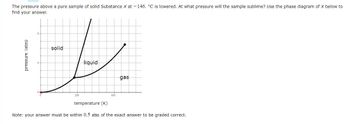 The pressure above a pure sample of solid Substance X at -146°C is lowered. At what pressure will the sample sublime? Use the phase diagram of X below to find your answer.

**Phase Diagram Explanation:**
The phase diagram provided shows the relationship between pressure (in atm) and temperature (in Kelvin, K) for Substance X. The diagram is divided into three regions labeled "solid," "liquid," and "gas," which represent the states of matter.

- **Solid Region:** Found on the left side of the diagram.
- **Liquid Region:** Occupies a smaller area between the solid and gas regions and is bordered by curves representing melting and boiling points under different pressures and temperatures.
- **Gas Region:** Found on the right side of the diagram.

The curves indicate the phase boundaries:
- The line between the solid and liquid regions represents the melting/freezing curve.
- The line between the liquid and gas regions represents the boiling/condensation curve.
- The line extending from the solid to the gas regions (without passing through the liquid region) represents the sublimation line, which is the transition from solid to gas.

**Note:** Your answer must be within 0.5 atm of the exact answer to be graded correct.

From the diagram, find the pressure where the sublimation line intersects with the temperature of -146°C converted to Kelvin.