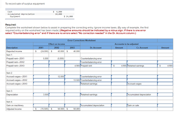 To record sale of surplus equipment
Cash
Accumulated depreciation
Equipment
Description
Reported income
Item 1
Required:
Complete the worksheet shown below to assist in preparing the correcting entry. Ignore income taxes. (By way of example, the first
required entry on the worksheet has been made.) (Negative amounts should be indicated by a minus sign. If there is one error
select "Counterbalancing error" and if there are no errors select "No correction needed" in the Dr. Account column.)
Prepaid rent-20X1
Prepaid rent-20X2
Prepaid rent-20X3
Item 2.
Accrued wages-20X1
Accrued wages-20X2
Accrued wages-20X3
Item 3.
Depreciation
Item 4
Gain on machinery
Adjusted income
$
20X1
(24,000) $
5,000
3,500
$ 4,000
10,000
$ 14,000
Effect on income
20X2
(15,500) $
43,000 $
(5,000)
Error Corrections Worksheet
12,000
20X3
40.000
Dr. Account
Counterbalancing error
Counterbalancing error
4,900 Prepaid rent
50,000 $ 58,400
Counterbalancing error
13,500 Counterbalancing error
Retained earnings
Retained earnings
Accumulated depreciation
Accounts to be adjusted
Amount
$
Cr. Account
4,900 Retained earnings
Accrued wages
Accumulated depreciation
Gain on sale
$
Amount
4,900