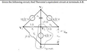 Given the following circuit, find Thevenin's equivalent circuit at terminals A-B.
12/0° V
j1 s
192
R₁
NN
26
-j1n
X6/0°
2₂
73 ΤΩ
+4/0° V
Supernode
V
A
+
Voc
B
KZTH