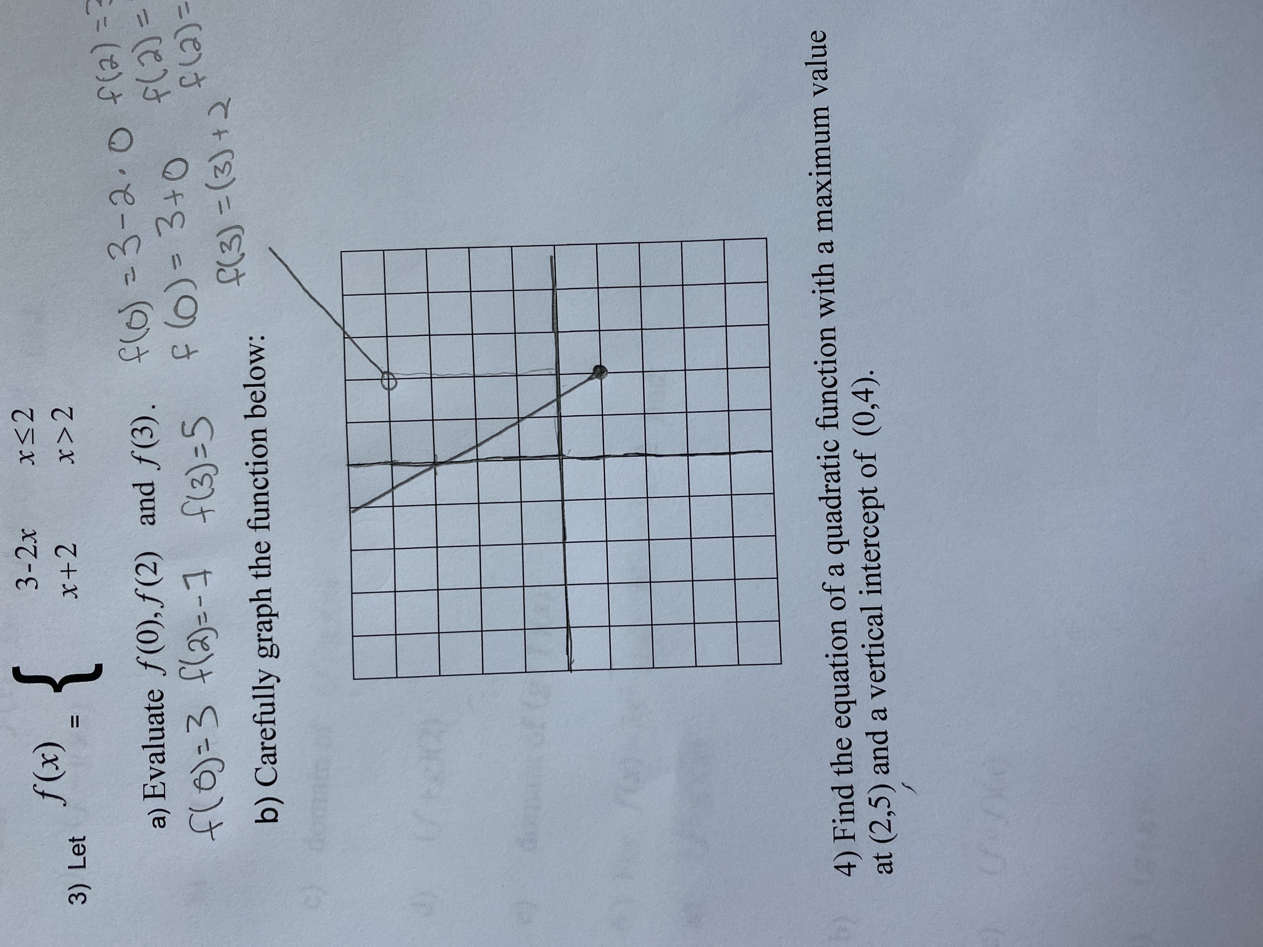 4) Find the equation of a quadratic function with a maximum value
at (2,5) and a vertical intercept of (0,4).
