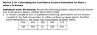 MODULE 10: Calculating the Confidence Interval Estimates for Mean u
when o is known
Individual work. Directions: Answer the following problem. Round off your answer
into three decimal places. (SHOW YOUR SOLUTION)
1. A random sample of size 10 yielded the following observations on the random
variable X, the fuel consumption in millions of tons by power plants. Find the
point estimate for µ, the mean fuel consumption of power plants.
506
495
508
500
510
515
490
501
508
502
