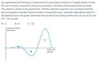 An experimental self-driving car is observed as it moves back an forth on a straight stretch of road.
The car's velocity ( measured in meters per second) is a function of time (measured in seconds).
The velocity is shown in the graph below. Positive velocities mean the car is moving toward the
east and negative velocities mean its motion is toward the west. Using the values given below for
the labeled areas in the graph, determine how far east of its starting position the car was at the end
of t = 10 seconds.
A = 2
B = 8
C = 15
Velocity in meters
per second
Time t = 10
В
seconds
