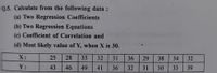 Q.5. Calculate from the following data :
(a) Two Regression Coefficients
(b) Two Regression Equations
(c) Coefficient of Correlation and
(d) Most likely value of Y, when X is 30.
Х:
25
28
35
32
31
36
29
38
34
32
Y:
43
46
49
41
36
32
31
30
33
39
