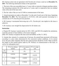 DU Journeys enters into an agreement with Traveler plc to lease a used car on December 31,
2021. The following information relates to this agreement.
1. The term of the non-cancelable lease is 3 years with no renewal or bargain purchase option.
The remaining economic life of the used car is 3 years, and it is expected to have no residual
value at the end of the lease term.
2. The fair value of the car was £15,000 at commencement of the lease.
3. Annual payments are made on December 31 at the end of each year of the lease, beginning
December 31, 2022. The first payment is £5,552.82, with each payment increasing by a
constant rate of 5% from the previous payment.
4. DU Journeys' incremental borrowing rate is 8%. Traveler plc's rate implicit in the lease is
unknown.
5. DU Journeys uses straight-line depreciation for all similar cars.
Instruction
a. Prepare DU Journeys’ journal entries for 2021, 2022, and 2023 (To simplify the calculation,
round the amount of lease liability to the nearest integral)
[Hint: DU Journeys recognizes the lease asset and liability on Dec 31, 2021]
b. Assume that, instead of a constant rate of increase, the annual lease payments will increase
according to a price index determined by the concurrent market conditions. At its current
level, the price index stipulates that the first rental payment should be £5,820. What would be
the impact on the journal entries made by DU Journeys at commencement of the lease, as
well as for subsequent years?
PV of an annuity
PV of a single
PV of an ordinary
annuity
due
sum
(n)
Periods
8%
8%
8%
0.92593
1.00000
1
0.92593
1.78326
1.92593
2
0.85734
2.78326
3
2.57710
0.79383
