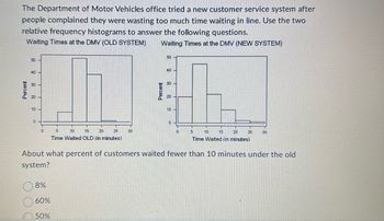 The Department of Motor Vehicles office tried a new customer service system after
people complained they were wasting too much time waiting in line. Use the two
relative frequency histograms to answer the following questions.
Waiting Times at the DMV (OLD SYSTEM) Waiting Times at the DMV (NEW SYSTEM)
50
8
40-
8
Percent
8
10
0
0
5
10
15
20
Time Waited OLD (in minutes)
8%
60%
50%
25
30
Percent
50
40
8
O
10
0
0
T
20
15
Time Waited (in minutes)
5
10
25
30
About what percent of customers waited fewer than 10 minutes under the old
system?