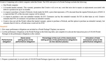 Creative Computing sells a tablet computer called the Protab. The $780 sales price of a Protab Package includes the following:
• One Protab computer.
• A 6-month limited warranty. This warranty guarantees that Creative will cover any costs that arise due to repairs or replacements associated with
defective products for up to six months.
.
A coupon to purchase a Creative Probook e-book reader for $200, a price that represents a 50% discount from the regular Probook price of $400. It
is expected that 20% of the discount coupons will be utilized.
• A coupon to purchase a one-year extended warranty for $50. Customers can buy the extended warranty for $50 at other times as well. Creative
estimates that 40% of customers will purchase an extended warranty.
• Creative does not sell the Protab without the limited warranty, option to purchase a Probook, and the option to purchase an extended warranty, but
estimates that if it did so, a Protab alone would sell for $760.
Required:
1. How many performance obligations are included in a Protab Package? Explain your answer.
2. List the performance obligations in the Protab Package in the following table, and complete it to allocate the transaction price of 100,000 Protab
Packages to the performance obligations in the contract.
Performance
obligation:
Stand-alone
selling price of the
performance obligation:
Percentage of the sum of the stand-alone
selling prices of the performance obligations
(to two decimal places):
3. Prepare a journal entry to record sales of 100,000 Protab Packages (ignore any sales of extended warranties).
Allocation of total
transaction price to the
performance obligation: