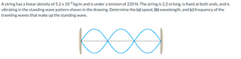 A string has a linear density of 5.2 x 10´³ kg/m and is under a tension of 220 N. The string is 2.2 m long, is fixed at both ends, and is
vibrating in the standing wave pattern shown in the drawing. Determine the (a) speed, (b) wavelength, and (c) frequency of the
traveling waves that make up the standing wave.