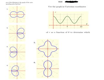 one of the following is the graph of the corre-
sponding polar function?
1.
2.
3.
4.
R D
5.
6.
Use the graph in Cartesian coordinates
010
r
w
8
******
75
2π
of r as a function of to determine which
0