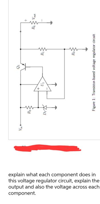 Q₁
Vin
R3
w
+
U₁
D₁Z
R₂<
Figure 1: Transistor-based voltage regulator circuit
explain what each component does in
this voltage regulator circuit, explain the
output and also the voltage across each
component.