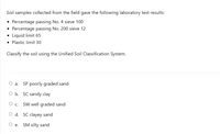 Soil samples collected from the field gave the following laboratory test results:
• Percentage passing No. 4 sieve 100
Percentage passing No. 200 sieve 12
Liquid limit 65
• Plastic limit 30
Classify the soil using the Unified Soil Classification System.
О а.
SP poorly graded sand
O b. SC sandy clay
Ос.
SW well graded sand
O d. SC clayey sand
O e. SM silty sand
