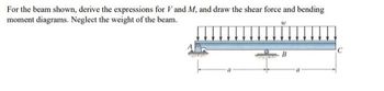 For the beam shown, derive the expressions for V and M, and draw the shear force and bending
moment diagrams. Neglect the weight of the beam.