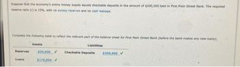 Suppose that the economy's entire money supply equals checkable deposits in the amount of $200,000 held in First Main Street Bank. The required
reserve ratio (r) is 15%, with no excess reserves and no cash leakage.
Complete the following table to reflect the relevant part of the balance sheet for First Main Street Bank (before the bank makes any new loans).
Liabilities
Reserves
Loans
Assets
$30,000
$170,000 V
Checkable Deposits
$200,000