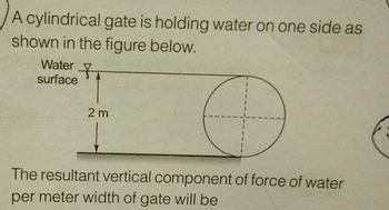 A cylindrical gate is holding water on one side as
shown in the figure below.
Water
surface
2m
The resultant vertical component of force of water
per meter width of gate will be