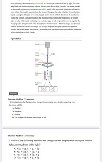 Flow cytometry, illustrated in Figure P20.750, is a technique used to sort cells by type. The cells
are placed in a conducting saline solution which is then forced from a nozzle. The stream breaks
up into small droplets, each containing one cell. A metal collar surrounds the stream right at the
point where the droplets separate from the stream. Charging the collar polarizes the conducting
liquid, causing the droplets to become charged as they break off from the stream. A laser beam
probes the solution just upstream from the charging collar, looking for the presence of certain
types of cells. All droplets containing one particular type of cell are given the same charge by the
charging collar. Droplets with other desired types of cells receive a different charge, and droplets
with no desired cell receive no charge. The charged droplets then pass between two parallel
charged electrodes where they receive a horizontal force that directs them into different collection
tubes, depending on their charge.
Figure P20.75
Nozzle
Liquid
stream
Cells
Laser
probe
Charging
collar
Deflection
plates
Collection
tubes
Screenshot
Question #1 (Flow Cytometry):
| If the charging collar has a positive charge, the net charge on a droplet separating from
the stream will be
A. Positive.
B. Negative.
C. Neutral.
D. The charge will depend on the type of cell.
Question #2 (Flow Cytometry):
| Which of the following describes the charges on the droplets that end up in the five
tubes, moving from left to right?
А. +2q, + q, 0, — 9. — 2q
В. +9, + 2q, 0, — 2q, — 9
С. -q, — 2q, 0, + 2q, + q
D. -24, – q, 0, + q, + 2q
