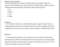 Question #3 (Flow Cytometry):
| Because the droplets are conductors, a dropletť's positive and negative charges will
separate while the droplet is in the region between the deflection plates. Suppose a neutral
droplet passes between the plates. The droplet's dipole moment will point
A. Up.
B. Down.
C. Left.
D. Right.
Question #4:
|| BIO A protein molecule in an electrophoresis gel has a negative charge. The exact
charge depends on the pH of the solution, but 30 excess electrons is typical. What is the
magnitude of the electric force on a protein with this charge in a 1500 N/C electric field?
Question #5:
II| A small metal bead, labeled A, has a charge of 25 nC. It is touched to metal bead B,
initially neutral, so that the two beads share the 25 nC charge, but not necessarily equally.
When the two beads are then placed 5.0 cm apart, the force between them is 5.4 x 10-4 N.
What are the charges qa and qB on the beads?
