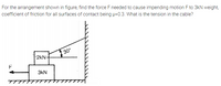 For the arrangement shown in figure, find the force F needed to cause impending motion F to 3kN weight,
coefficient of friction for all surfaces of contact being u=0.3. What is the tension in the cable?
30°
2kN-
3kN
