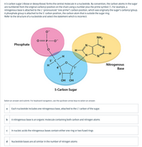 This text will appear on an educational website.

---

**Nucleotides and Their Components**

A 5-carbon sugar (ribose or deoxyribose) forms the central molecule in a nucleotide. By convention, the carbon atoms in the sugar are numbered from the original carbonyl position on the chain using a number plus the prime symbol ('). For example, a nitrogenous base is attached to the 1' (pronounced "one prime") carbon position, which was originally the sugar’s carbonyl group. A phosphate group is attached to the 5' carbon position, the carbon atom that is outside the sugar ring.

Refer to the structure of a nucleotide and select the statement which is incorrect:

### Diagram Explanation:
- **Phosphate Group (Left, Pink Circle):** The phosphate group consists of one phosphorus atom bonded to four oxygen atoms, with one of the oxygen atoms forming a double bond with the phosphorus.
- **Nitrogenous Base (Right, Yellow Oval):** The diagram depicts a nitrogenous base structure containing carbon and nitrogen atoms within a ring formation.
- **5-Carbon Sugar (Center, Blue Pentagon):** The sugar molecule is labeled with each carbon atom numbered from 1' to 5', demonstrating the structure and connections to the nitrogenous base and the phosphate group.

### Statements to Evaluate:
a. Each nucleotide includes one nitrogenous base, attached to the 1' carbon of the sugar.
b. A nitrogenous base is an organic molecule containing both carbon and nitrogen atoms.
c. In nucleic acids, the nitrogenous bases contain either one ring or two fused rings.
d. Nucleotide bases are all similar in the number of nitrogen atoms.

```Exam format note: Select an answer and submit. For keyboard navigation, use the up/down arrow keys to select an answer.```

---

This information and diagram help illustrate the basic structure of nucleotides, an essential component of nucleic acids like DNA and RNA.