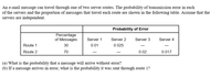 An e-mail message can travel through one of two server routes. The probability of transmission error in each
of the servers and the proportion of messages that travel each route are shown in the following table. Assume that the
servers are independent.
Probability of Error
Percentage
of Messages
Server 1
Server 2
Server 3
Server 4
Route 1
30
0.01
0.025
Route 2
70
0.02
0.017
(a) What is the probability that a message will arrive without error?
(b) If a message arrives in error, what is the probability it was sent through route 1?
