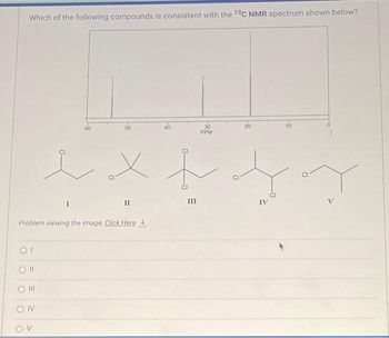 Which of the following compounds is consistent with the 13C NMR spectrum shown below?
III
ON
I
OV
-8
Problem viewing the image. Click Here
x
II
O
III
30
PPM
20
IV
10