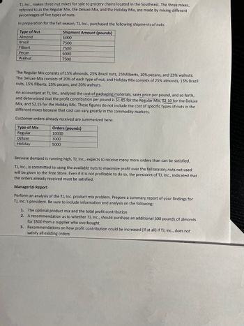 TJ, Inc., makes three nut mixes for sale to grocery chains located in the Southeast. The three mixes,
referred to as the Regular Mix, the Deluxe Mix, and the Holiday Mix, are made by mixing different.
percentages of five types of nuts.
In preparation for the fall season, TJ, Inc., purchased the following shipments of nuts:
Type of Nut
Almond
Brazil
Filbert
Pecan
Walnut
Shipment Amount (pounds)
6000
7500
7500
6000
7500
The Regular Mix consists of 15% almonds, 25% Brazil nuts, 25 %filberts, 10% pecans, and 25% walnuts.
The Deluxe Mix consists of 20% of each type of nut, and Holiday Mix consists of 25% almonds, 15% Brazil
nuts, 15% filberts, 25% pecans, and 20% walnuts.
An accountant at TJ, Inc., analyzed the cost of packaging materials, sales price per pound, and so forth,
and determined that the profit contribution per pound is $1.85 for the Regular Mix, $2.10 for the Deluxe
Mix, and $2.15 for the Holiday Mix. These figures do not include the cost of specific types of nuts in the
different mixes because that cost can vary greatly in the commodity markets.
Customer orders already received are summarized here:
Type of Mix
Regular
Deluxe
Holiday
Orders (pounds)
10000
3000
5000
Because demand is running high, TJ, Inc., expects to receive many more orders than can be satisfied.
TJ, Inc., is committed to using the available nuts to maximize profit over the fall season; nuts not used
will be given to the Free Store. Even if it is not profitable to do so, the president of TJ, Inc., indicated that
the orders already received must be satisfied.
Managerial Report
Perform an analysis of the TJ, Inc. product mix problem. Prepare a summary report of your findings for
TJ, Inc.'s president. Be sure to include information and analysis on the following:
1. The optimal product mix and the total profit contribution
2. A recommendation as to whether TJ, Inc., should purchase an additional 500 pounds of almonds
for $500 from a supplier who overbought
3.
Recommendations on how profit contribution could be increased (if at all) if TJ, Inc., does not
satisfy all existing orders