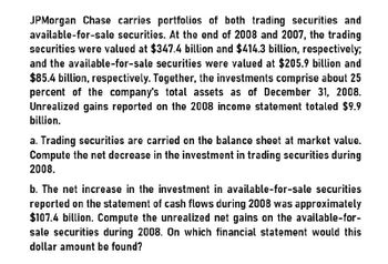 JPMorgan Chase carries portfolios of both trading securities and
available-for-sale securities. At the end of 2008 and 2007, the trading
securities were valued at $347.4 billion and $414.3 billion, respectively;
and the available-for-sale securities were valued at $205.9 billion and
$85.4 billion, respectively. Together, the investments comprise about 25
percent of the company's total assets as of December 31, 2008.
Unrealized gains reported on the 2008 income statement totaled $9.9
billion.
a. Trading securities are carried on the balance sheet at market value.
Compute the net decrease in the investment in trading securities during
2008.
b. The net increase in the investment in available-for-sale securities
reported on the statement of cash flows during 2008 was approximately
$107.4 billion. Compute the unrealized net gains on the available-for-
sale securities during 2008. On which financial statement would this
dollar amount be found?