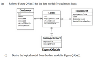 (a)
Refer to Figure Q3(a)(i) for the data model for equipment loans.
Customer
Equipment
Loan
id
equipmentCode
name
id
name
equipmentCode >e
address
description
contact
startDate
RentalRatePerDay
dateOfBirth
returnDate
occupation
DamageReport
reportId
damageType
Figure Q3(a)(i)
(i)
Derive the logical model from the data model in Figure Q3(a)(i).
