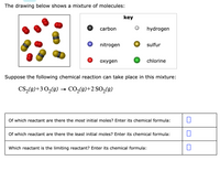 The drawing below shows a mixture of molecules:
key
carbon
hydrogen
nitrogen
sulfur
охудеn
chlorine
Suppose the following chemical reaction can take place in this mixture:
CS,(9)+3 0,(9) → CO,(9)+2 SO,(g)
Of which reactant are there the most initial moles? Enter its chemical formula:
Of which reactant are there the least initial moles? Enter its chemical formula:
Which reactant is the limiting reactant? Enter its chemical formula:
