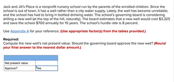 Jack and Jill's Place is a nonprofit nursery school run by the parents of the enrolled children. Since the
school is out of town, it has a well rather than a city water supply. Lately, the well has become unreliable,
and the school has had to bring in bottled drinking water. The school's governing board is considering
drilling a new well (at the top of the hill, naturally). The board estimates that a new well would cost $3,325
and save the school $700 annually for 10 years. The school's hurdle rate is 8 percent.
Use Appendix A for your reference. (Use appropriate factor(s) from the tables provided.)
Required:
Compute the new well's net present value. Should the governing board approve the new well? (Round
your final answer to the nearest dollar amount.)
Net present value
Approve?
Yes