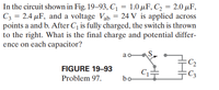 In the circuit shown in Fig. 19–93, C¡ = 1.0 µF, C2 = 2.0 µF,
C3 = 2.4 µF, and a voltage_ Vab = 24 V is applied across
points a and b. After C, is fully charged, the switch is thrown
to the right. What is the final charge and potential differ-
ence on each capacitor?
ao
C2
FIGURE 19-93
C3
Problem 97.
bo
