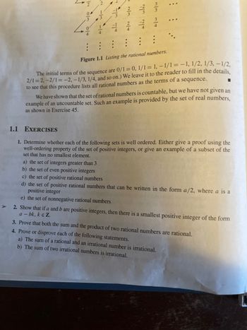 1.1
0
44141
2
0
:
Figure 1.1 Listing the rational numbers.
The initial terms of the sequence are 0/1 = 0, 1/1 = 1, -1/1 = -1, 1/2, 1/3, -1/2,
2/1=2,-2/1=-2, -1/3, 1/4, and so on.) We leave it to the reader to fill in the details,
to see that this procedure lists all rational numbers as the terms of a sequence.
We have shown that the set of rational numbers is countable, but we have not given an
example of an uncountable set. Such an example is provided by the set of real numbers,
as shown in Exercise 45.
EXERCISES
1. Determine whether each of the following sets is well ordered. Either give a proof using the
well-ordering property of the set of positive integers, or give an example of a subset of the
set that has no smallest element.
a) the set of integers greater than 3
b) the set of even positive integers
c) the set of positive rational numbers
d) the set of positive rational numbers that can be written in the form a/2, where a is a
positive integer
e) the set of nonnegative rational numbers
2. Show that if a and b are positive integers, then there is a smallest positive integer of the form
a-bk, k € Z.
3. Prove that both the sum and the product of two rational numbers are rational.
4. Prove or disprove each of the following statements.
a) The sum of a rational and an irrational number is irrational.
b) The sum of two irrational numbers is irrational.