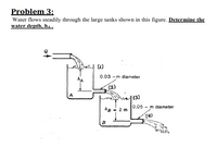 Problem 3:
Water flows steadily through the large tanks shown in this figure. Determine the
water depth, hA -
(1)
0.03 -m diameter
ha
(2)
(3)
0.05 - m diameter
kp - 2 m
(4)
B
