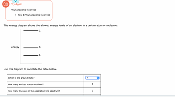 Try Again
Your answer is incorrect.
• Row 3: Your answer is incorrect.
This energy diagram shows the allowed energy levels of an electron in a certain atom or molecule:
с
energy
B
Which is the ground state?
A
Use this diagram to complete the table below.
How many excited states are there?
How many lines are in the absorption line spectrum?
A
2
2