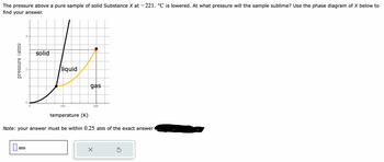 The pressure above a pure sample of solid Substance X at -221. °C is lowered. At what pressure will the sample sublime? Use the phase diagram of X below to
find your answer.
pressure (atm)
0.
atm
0
solid
liquid
100
gas
200
temperature (K)
Note: your answer must be within 0.25 atm of the exact answer
X
Ś