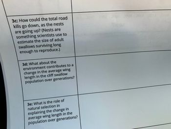 3c: How could the total road
kills go down, as the nests
are going up? (Nests are
something scientists use to
estimate the size of adult
swallows surviving long
enough to reproduce.)
3d: What about the
environment contributes to a
change in the average wing
length in the cliff swallow
population over generations?
3e: What is the role of
natural selection in
explaining the change in
average wing length in the
population over generations?