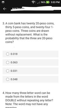 Answered: 96% 3:03 PM MATப 3. A coin bank has… | bartleby