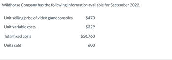 Wildhorse Company has the following information available for September 2022:

- **Unit selling price of video game consoles**: $470
- **Unit variable costs**: $329
- **Total fixed costs**: $50,760
- **Units sold**: 600