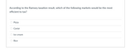 According to the Ramsey taxation result, which of the following markets would be the most
efficient to tax?
Pizza
Caviar
Ice cream
Rice
