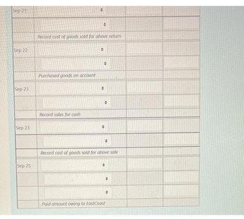Sep 21
Sep 22
Sep 23
Sep 23
Sep 25
Record cost of goods sold for above return
Purchased goods on account
O
Record sales for cash
42
●
Record cost of goods sold for above sale
Paid amount owing to East Coast
4
O