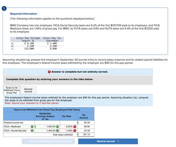 !
Required information
[The following information applies to the questions displayed below.]
BMX Company has one employee. FICA Social Security taxes are 6.2% of the first $137,700 paid to its employee, and FICA
Medicare taxes are 1.45% of gross pay. For BMX, its FUTA taxes are 0.6% and SUTA taxes are 5.4% of the first $7,000 paid
to its employee.
a.
نفة
Gross Pay through
August 31
$ 6,100
2,100
133,000
Gross Pay for
September
$ 1,400
2,200
9,600
Assuming situation (a), prepare the employer's September 30 journal entry to record salary expense and its related payroll liabilities for
this employee. The employee's federal income taxes withheld by the employer are $90 for this pay period.
Answer is complete but not entirely correct.
Complete this question by entering your answers in the tabs below.
Taxes to be
Withheld From
Gross Pay
General
Journal
The employee's federal income taxes withheld by the employer are $90 for this pay period. Assuming situation (a), compute
the taxes to be withheld from gross pay for this employee.
Note: Round your answers to 2 decimal places.
Taxes to be withheld From Gross Pay (Employee-Paid Taxes)
Federal income tax
FICA Medicare
✓ $
FICA-Social Security
September
Earnings Subject
to Tax
Tax Rate
Tax
Amount
$
90.00
1,400.00
1,400.00 ✓
6.20% X
1.45% x
Total taxes withheld
86.80
20.30
$
197.10
< Taxes to be withheld From Gross Pay
General Journal >