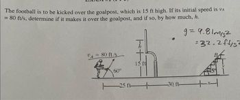 The football is to be kicked over the goalpost, which is 15 ft high. If its initial speed is VA
= 80 ft/s, determine if it makes it over the goalpost, and if so, by how much, h.
CA = 80 ft/s
60°
125
15 f
+
9= 9.81m152
=32.2f415=
4:4